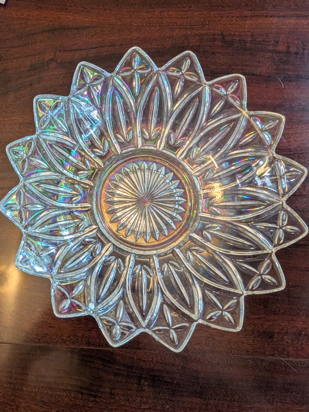 Vintage Federal Glass Clear Iridescent Carnival Glass Star Flower Petal Bowl 10"